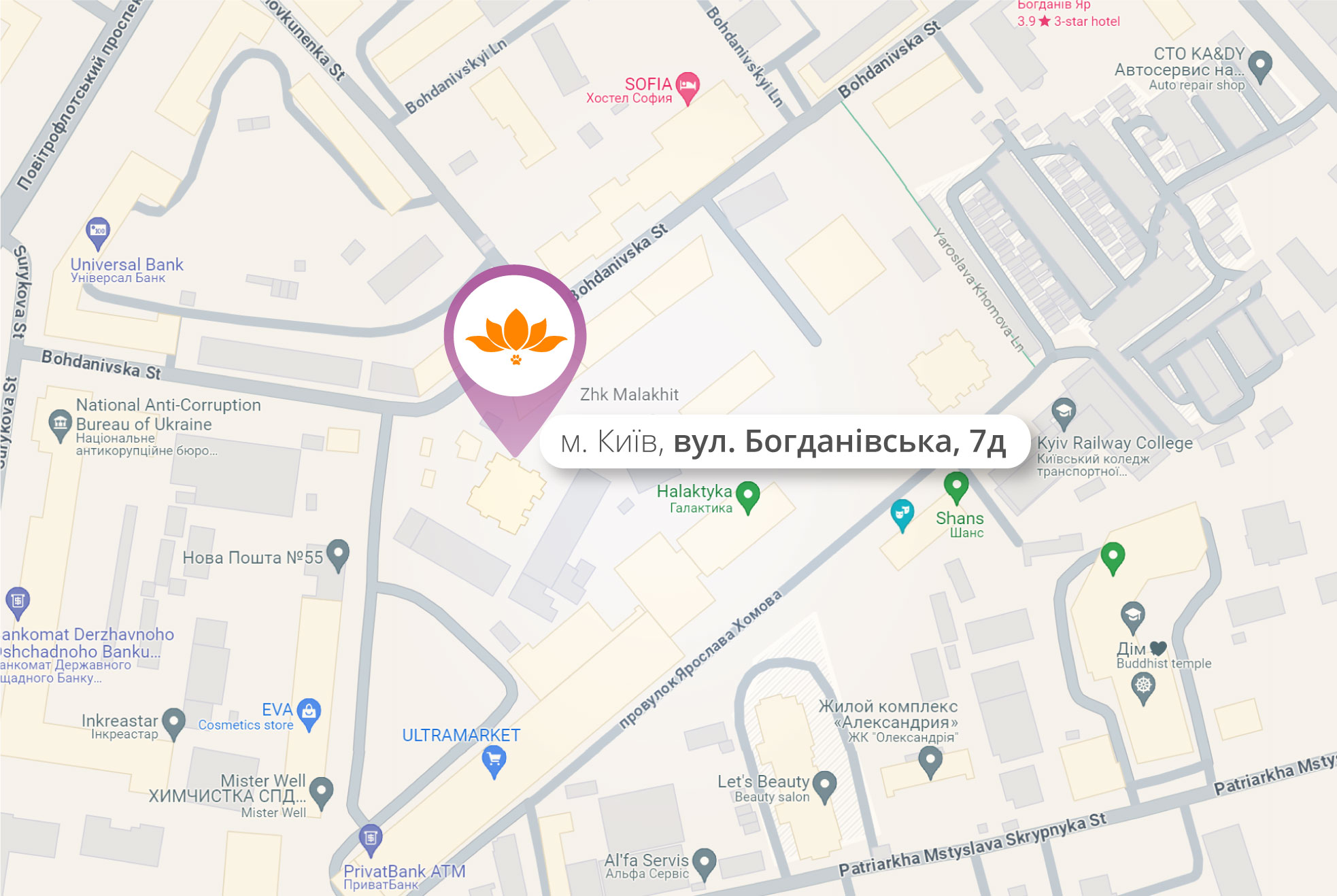 Карта: Київ, ЖК Малахіт, вул. Богданівська 7д